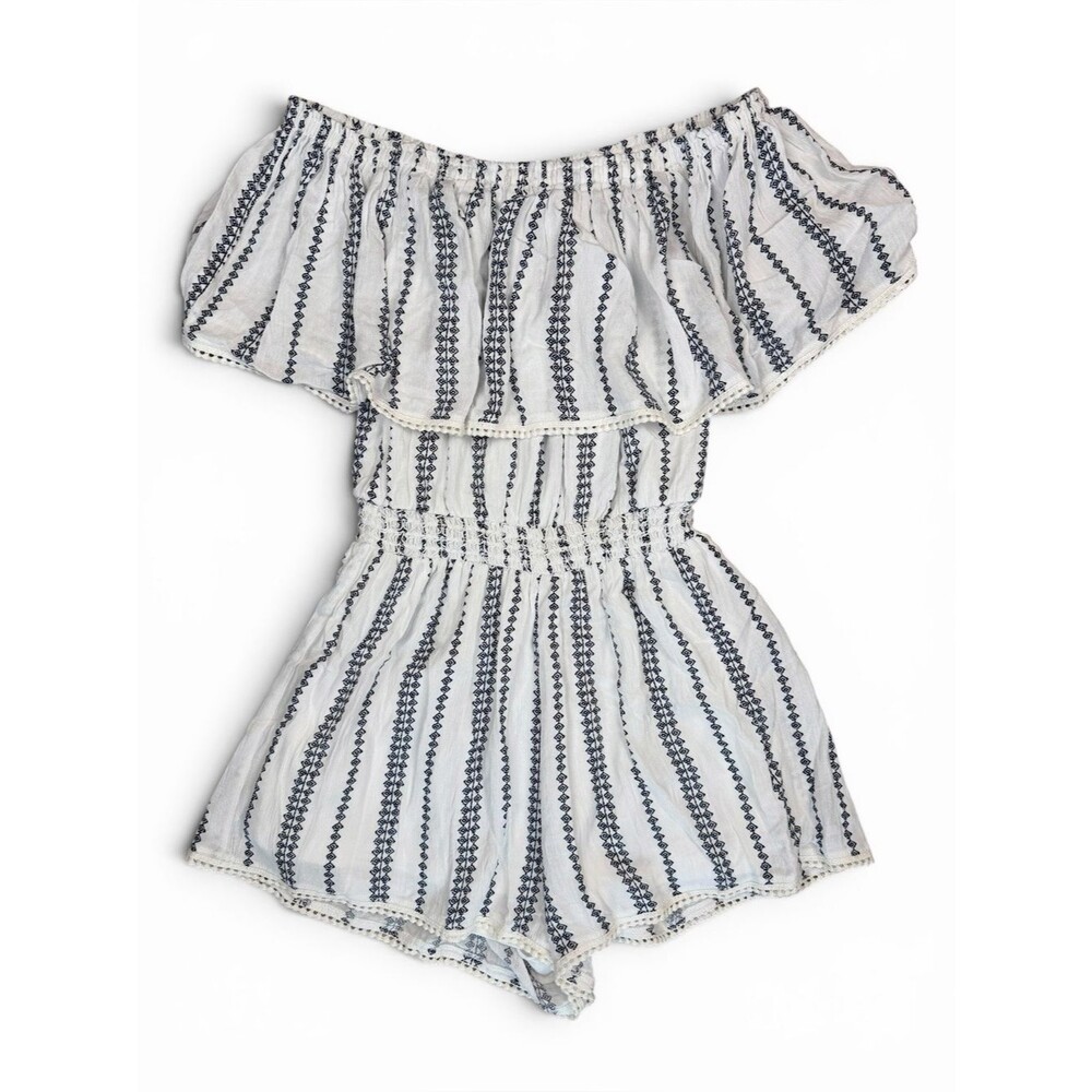 Lulu’s Off Shoulder Smocked Romper | White & Navy Stripe | XS